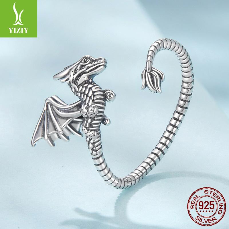S925 Sterling Silver Feilong Open Ring For Men And Women, Retro Three-Dimensional Medium And Ancient Style Adjustable Ring