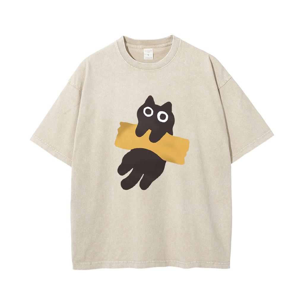 Herren T-Shirts im japanischen Stil Baumwolle Lustiges Klebeband Katzenaufdruck Kurzarm Gewaschene T-Shirts Herren Übergroß Rundhals Kleidung