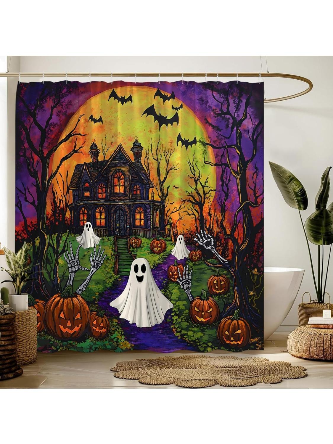 

Decohalloween Shower Curtain,Spooky Ghost Gothic Castle Pumpkin Haunted House Festival Scary Purple Orange Bathroom Home W60H190(CM)-1 Pcs