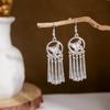 Ethnic Miao Silver Style Long Tassel Earrings with Ancient Scenic Stud Design for Women