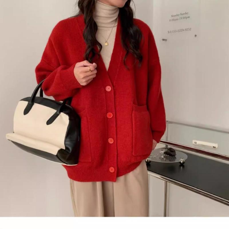 Solid Color Milk Style Autumn and Winter Sweater Cardigan Women's New Lazy Style Loose V-neck Gentle Knitted Coat Top