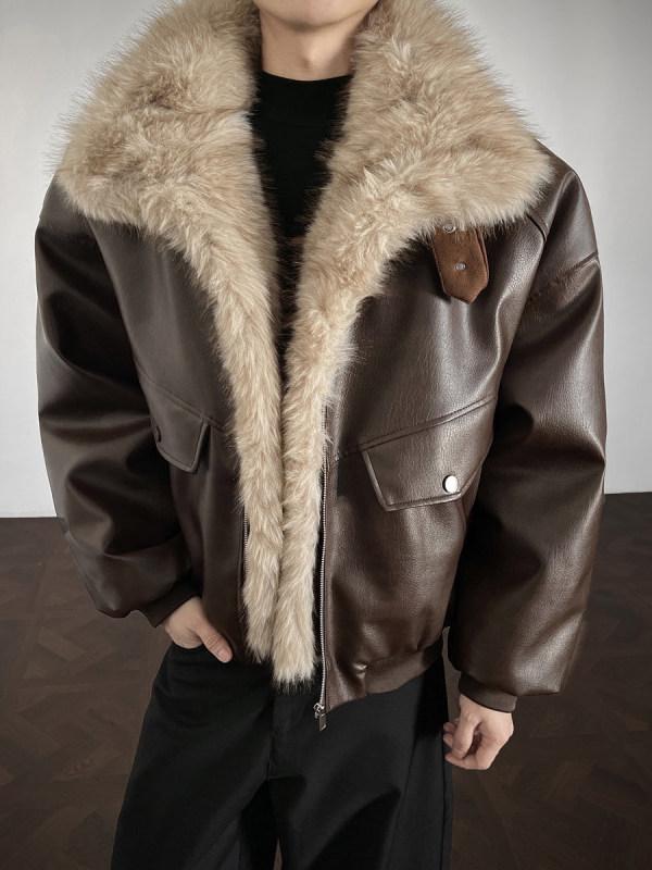 Men's Winter Thickened PU Leather Cotton Jacket with Fur and Stand Collar