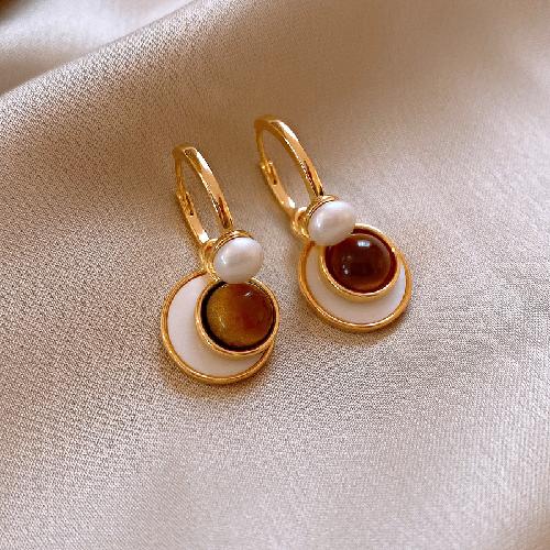 Silver Needle Resin Tiger's Eye Stone Round Leopard Pattern Earrings Retro Maillard Earrings Niche High-end Earrings