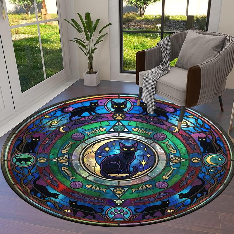 Stained Window Black Cat Round Area Rug,Carpet Rug for Living Room Bedroom Sofa Playroom Decor,Non-slip Floor Mat Q0043
