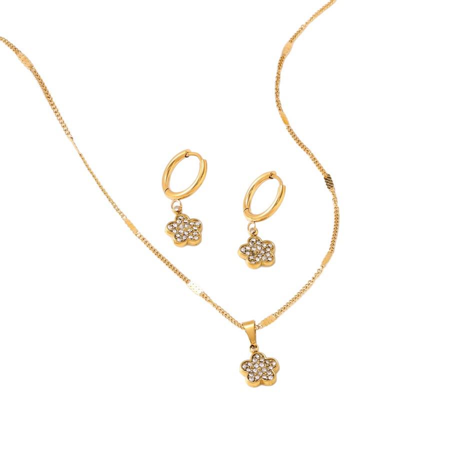 Elegant Zircon Flower Necklace & Earrings Set for Women - Titanium Steel & 18K Gold