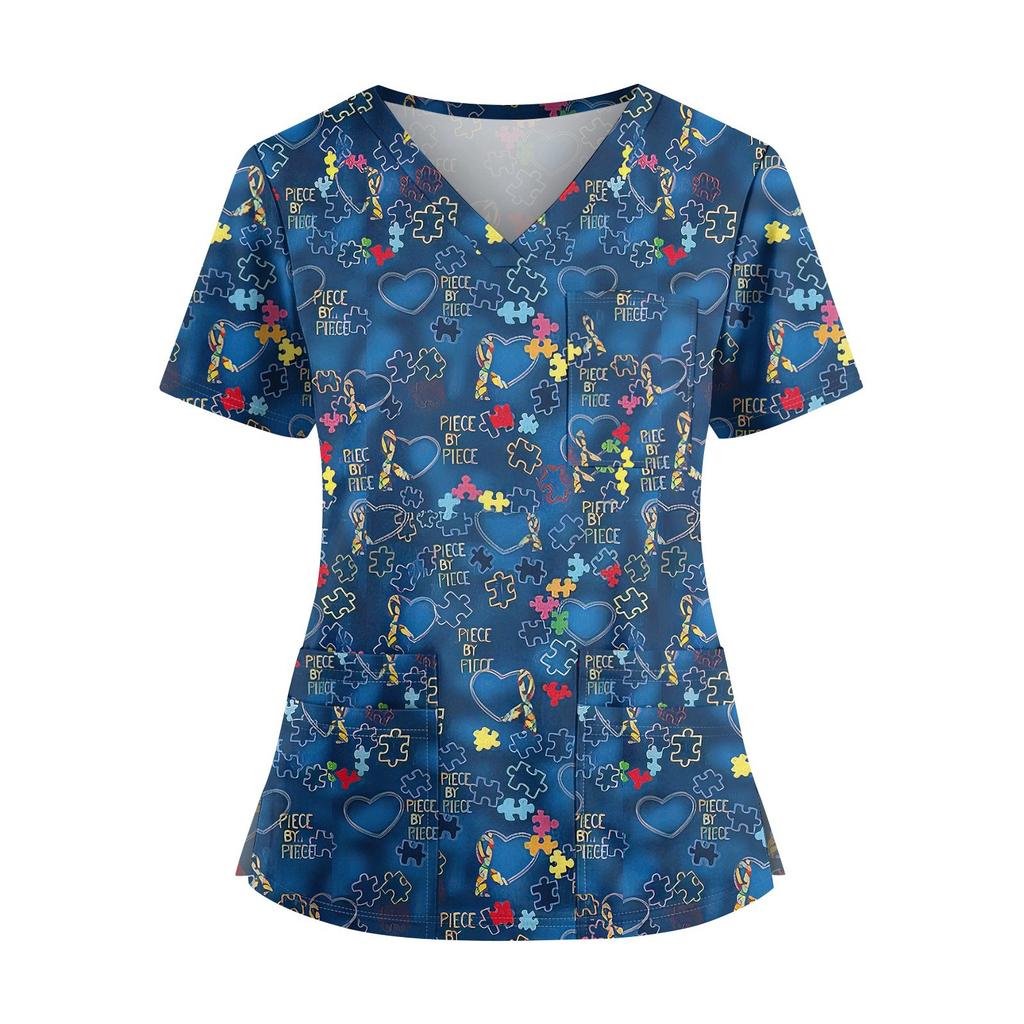Plus SizePrinted Scrub Working Uniform Tops For Women's Cross V-Neck Halloween Print Short Sleeve Fun T-Shirts Workwear Tee With Pockets