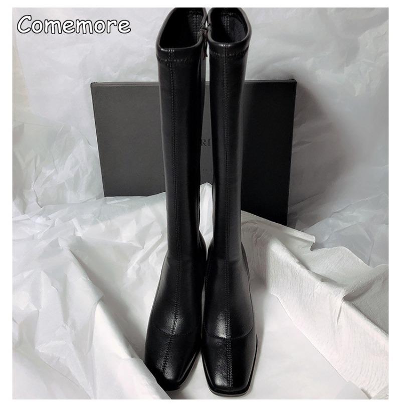 Comemore 2025 New High-heeled Tight Boots Simple But Knee-length Boot Square Head Female Ladies Shoes Luxury Sexy Heels