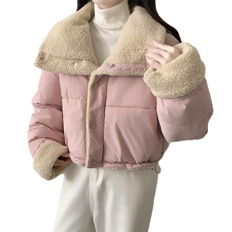 Women's Short Cotton Jacket, Korean Lapel Style, Imitation Lamb Wool, Loose Double-Sided Wear, Long Sleeve Bread Coat.