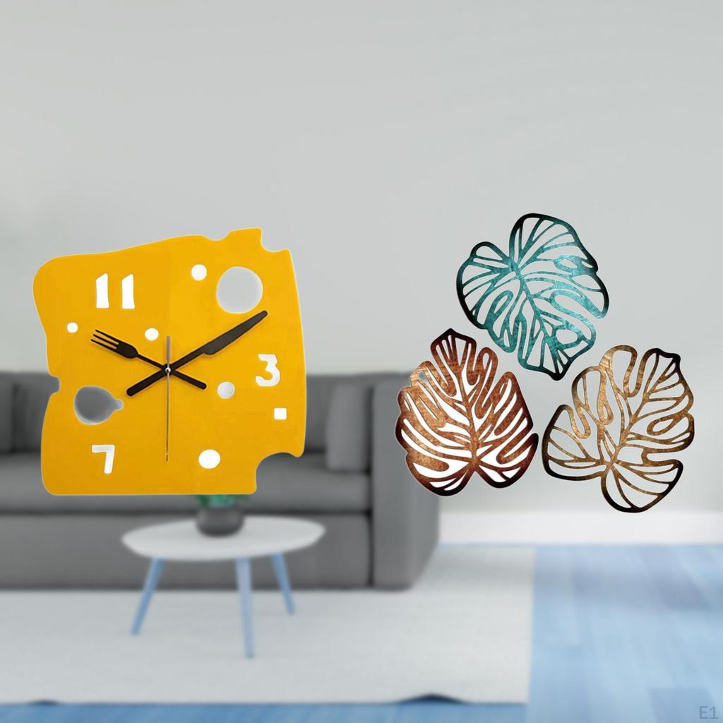 Nordic Minimalist Palm Leaves Cheese Clock Creative Acrylic Wall Art Quiet Hanging Decor for Office