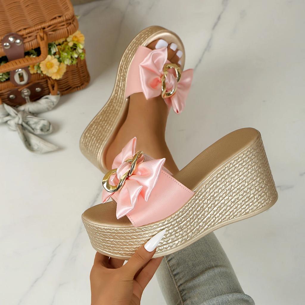 High Heels Women Slippers Bow Slippers New Wedges Platform Sandals Summer Women Comfortable Casual Dress Shoes Slides Women