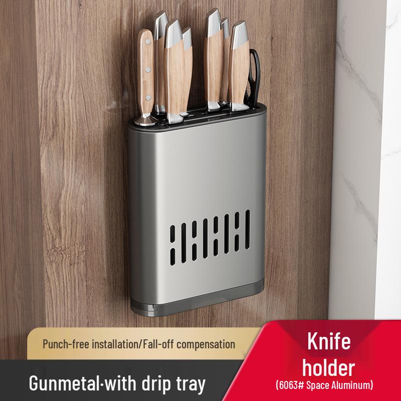 Wall-Mounted Kitchen Storage Rack, Punch-Free, Gun Gray, Knife Holder & Multi-Functional Seasoning Organizer.