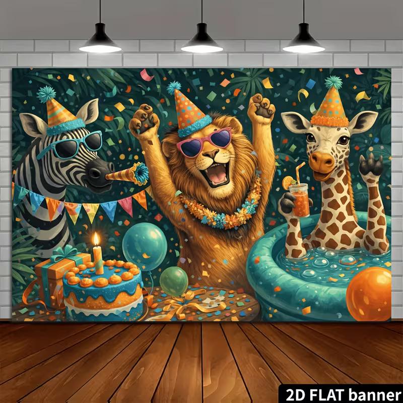 2D Tropical Safari Wild Animal Kids Birthday Cake Smash Photography Backdrop Decor