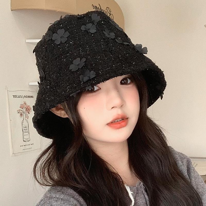 Little Fragrant Style Cute Flower Fisherman Hat for Women In Autumn and Winter Windproof Face Small Pot Hat Korean Versatile Sweet Bucket Hat