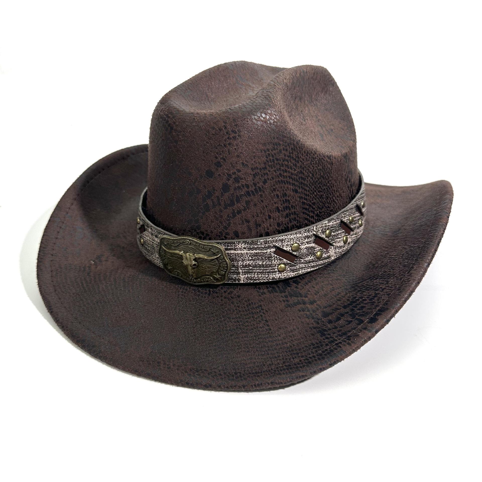 

Western Cowboy Hat Men S And Women S Autumn And Winter Jazz Hat European And American Wind Bull Head Accessories Gentleman S Hat Big Edge M（56-58cm） темно-коричневого кольору