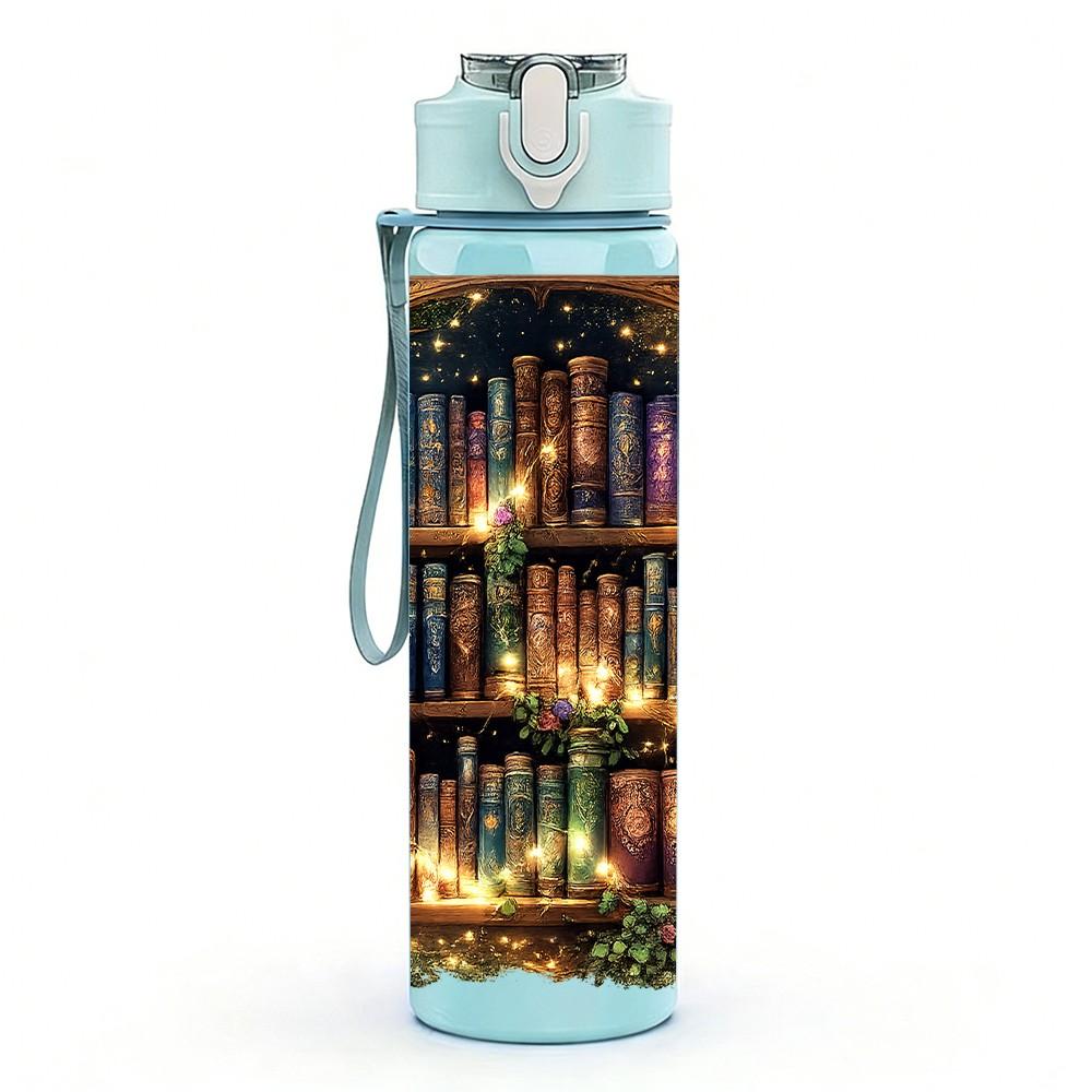 1PC Vintage Old Books Library Shelf Print 750ml Color Plastic Sports Water Bottle Leakproof Flip Straw Lid Suitable for Sports Office Home Use