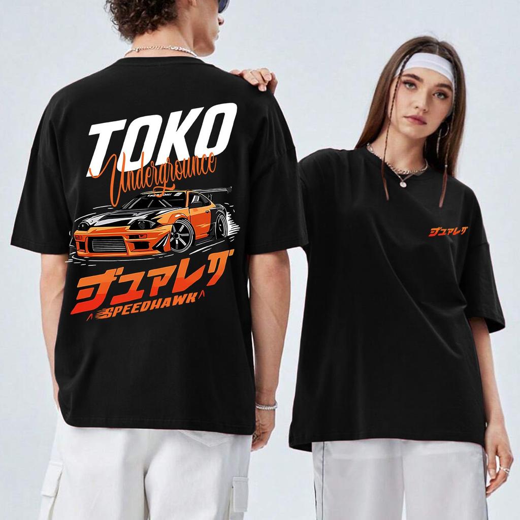 TOTKO Men's Tokyo Drift Graphic T-Shirt Streetwear Casual Short Sleeve Tee Racing Car Print Vibrant Purple Orange Round Neck Top