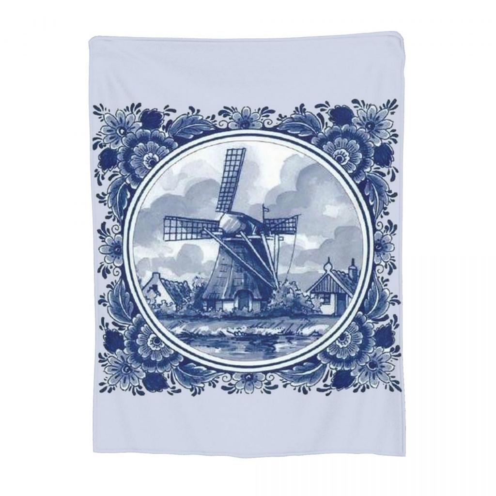 Niederländisch Blau Delft Vintage Windmühle Decke Weich Warm Flanell Überwurf Decke Tagesdecke für Bett Wohnzimmer Picknick Reisen Zuhause Couch