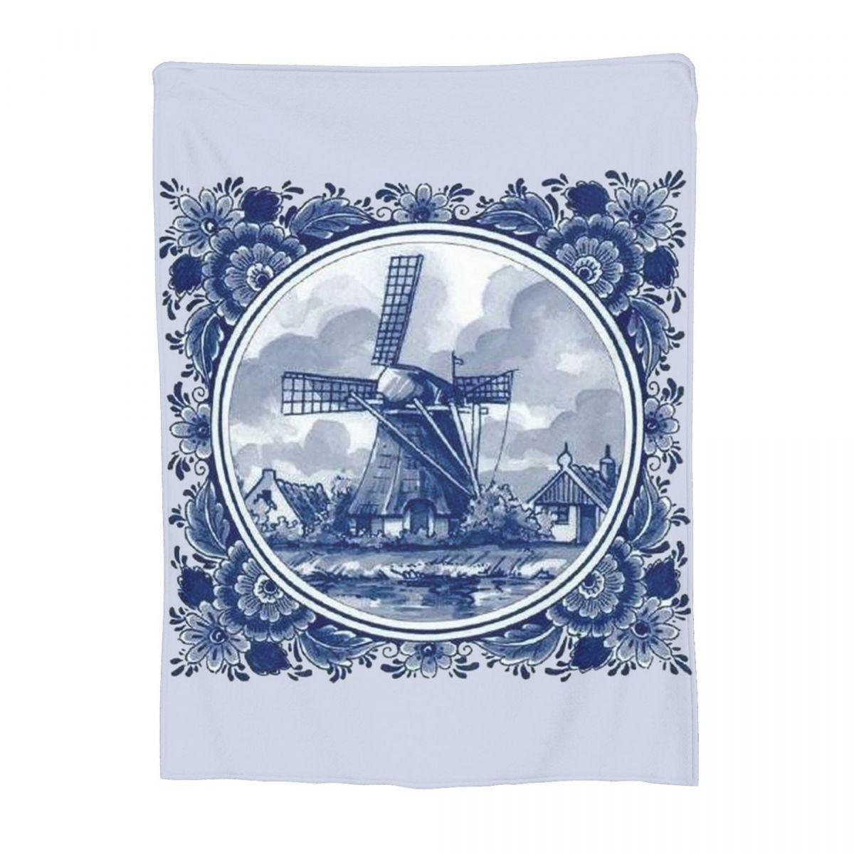 

Dutch Blue Delft Vintage Windmill Blanket Soft Warm Flannel Throw Blanket Bedspread for Bed Living room Picnic Travel Home Couch 80x120cm