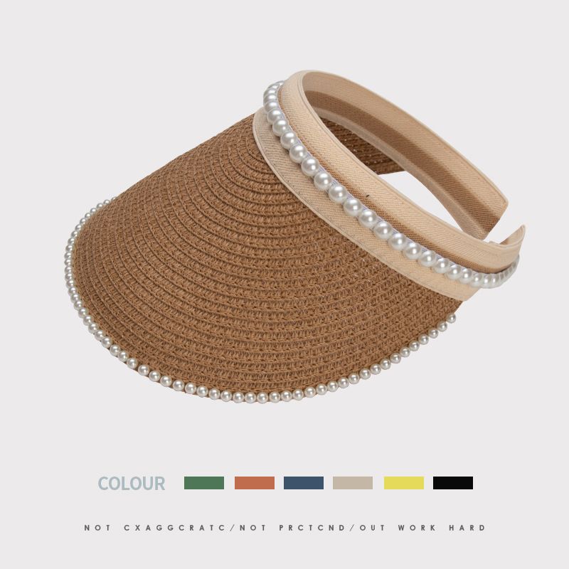 

Raffia Topless Hat Women s Summer Wide-Brimmed Sunhat Sun Protection Headband No Top UV Protection Beach Sun Hat D-147 khaki Pearl empty top