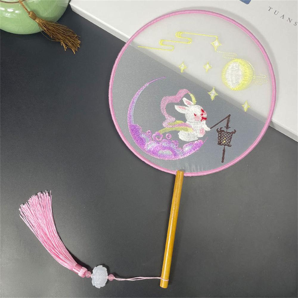 Round Double Sided Embroidery Fan Chinese Style Wooden Handle Embroidery Round Fan with Pendant Handheld Flower Silk Fan