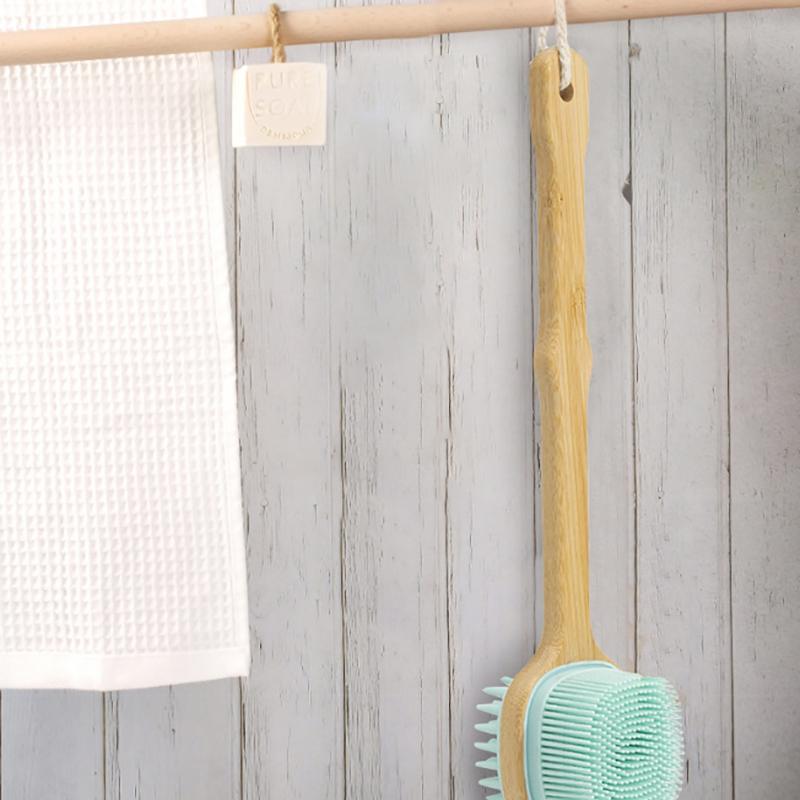 1Pc Silicone Brush Head Back Scrubber Shower Brush With Long Wooden Handle Dry Skin Exfoliating Body Massage Cleaning Tool