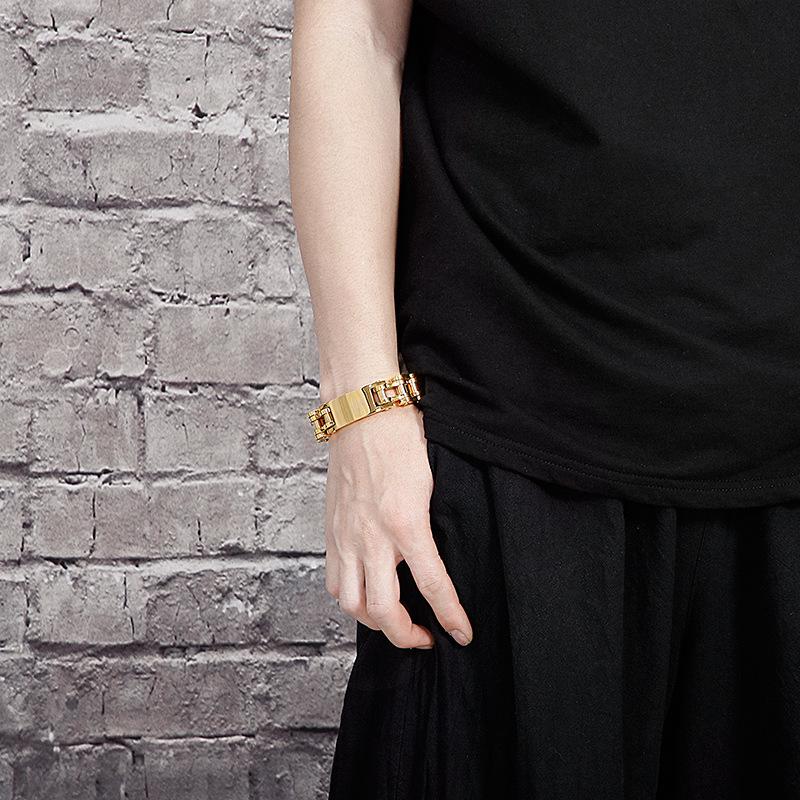Engravable Gold Men's Stainless Steel Bracelet - European & American Minimalist Hip-Hop Style
