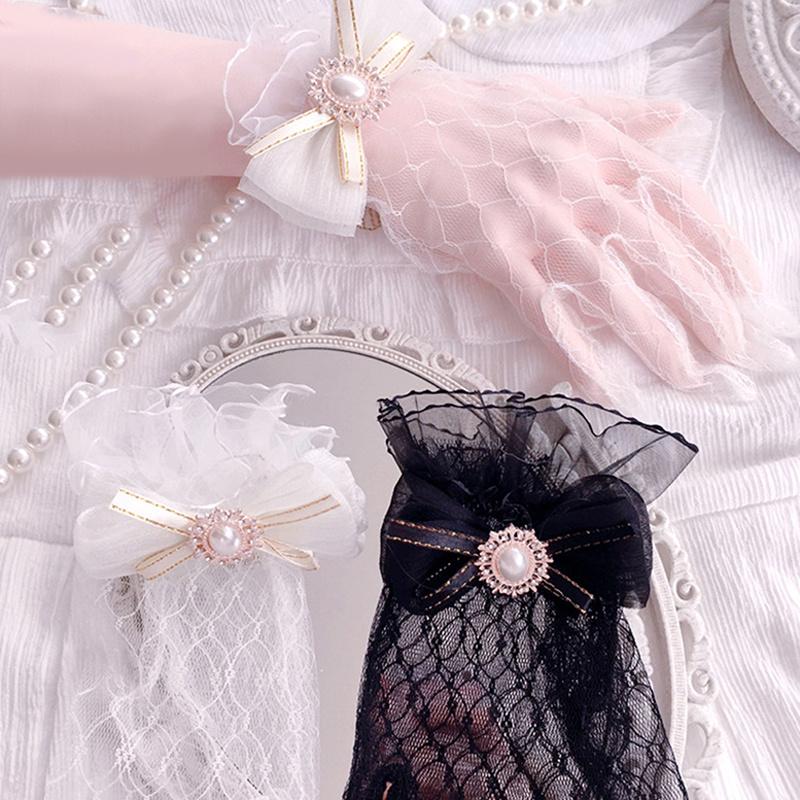 Lolita Mesh Bow Flower Lace Gloves Black White Lace Gloves Lolita Lace Sleeves Cosplay Jewelry