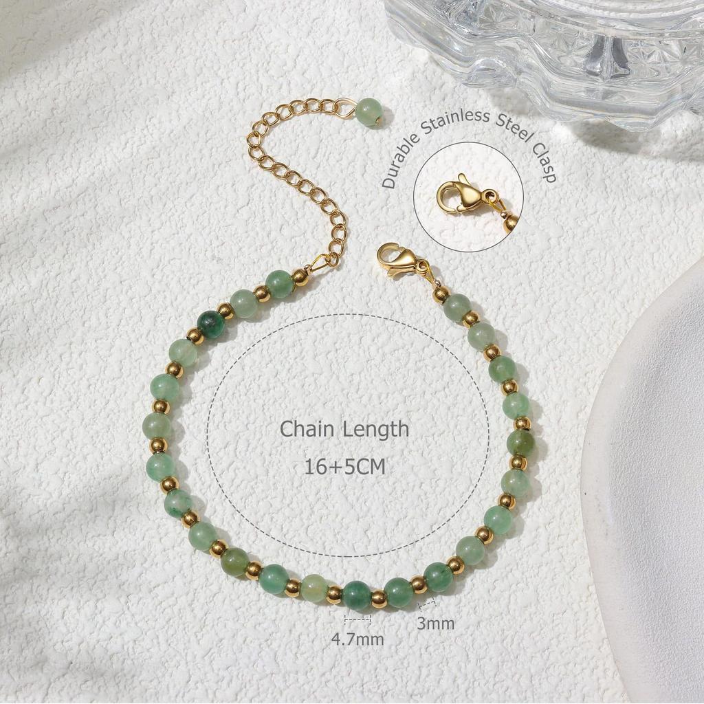 Natural stone chain bracelet, gold beaded agate beaded adjustable gold chain 6mm Indian agate bracelet