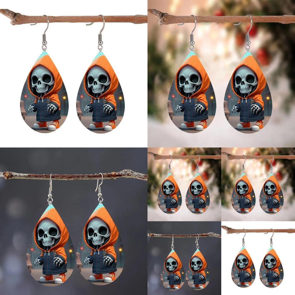 Halloween Themed Hooded Jacket Skull Pattern Droplet Shaped Acrylic Earrings For Trendy Casual Wear