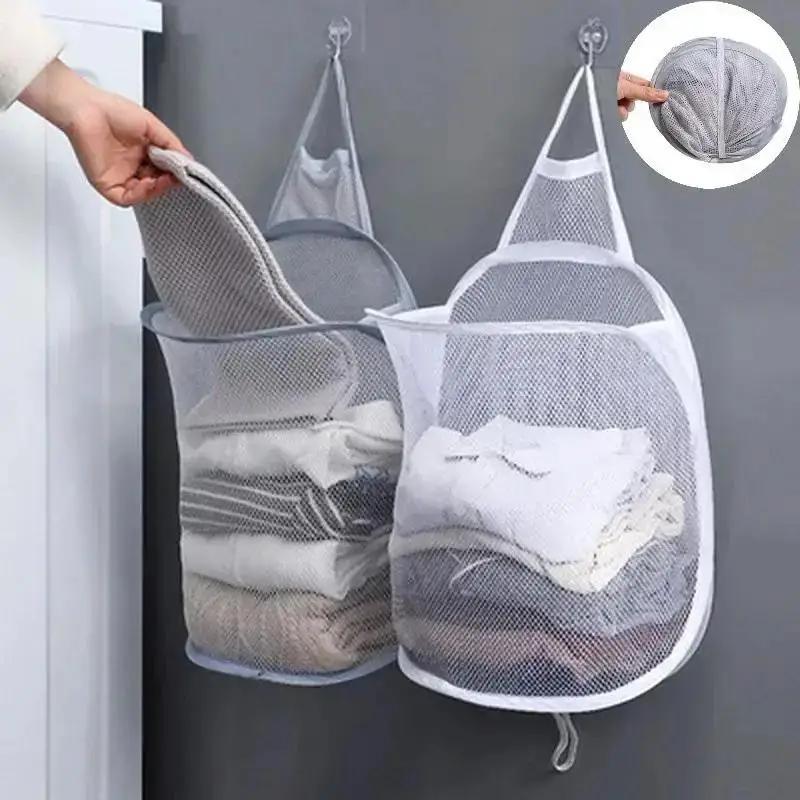 Bathroom Household Foldable Dirty Clothes Basket Laundry Storage Bag Dirty Clothes Towel Mesh Organizer Bag Wall Hanging Basket