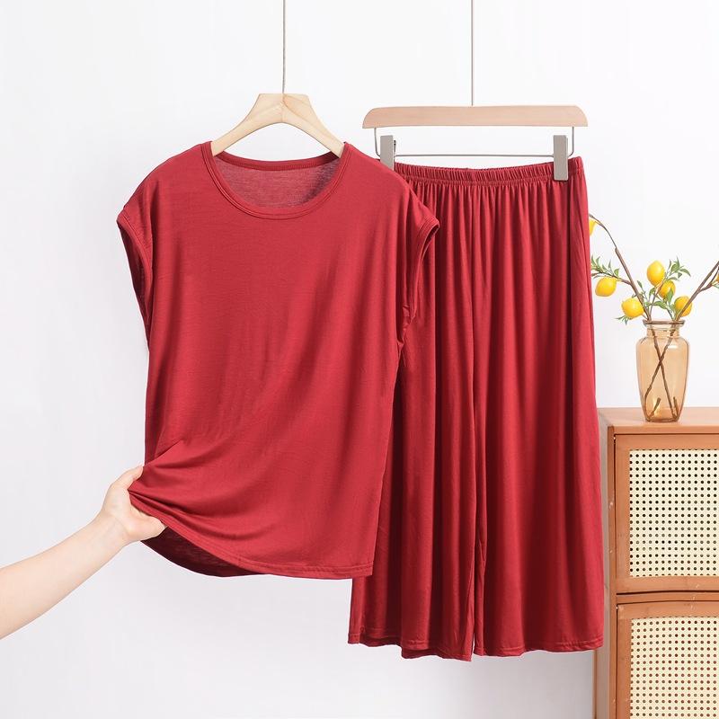 

Модальная пижама для женщин на лето, свободный комплект из двух частей большого размера с коротким рукавом в повседневном стиле, можно носить как домашнюю одежду 8XL бордовый