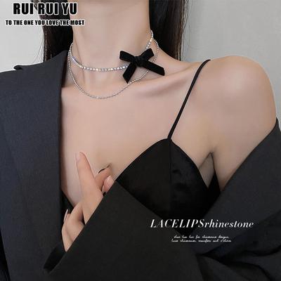 RUI RUI YU Korean Double Layer Black Color Bow-knot Chokers Necklace for Women Exquisite Round Beads Chain Necklace Jewelry