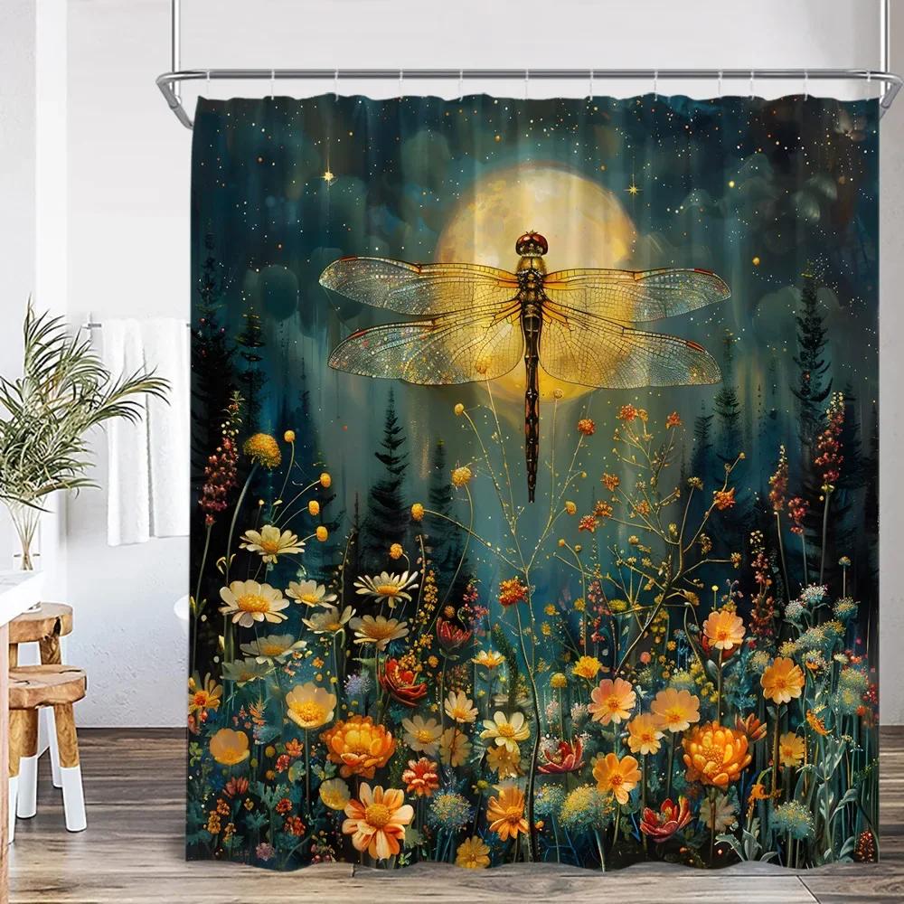 Vintage Butterfly Floral Shower Curtain Dragonfly Flower Moon Plant Skull Witch Magic Shower Curtain Bathtub Decoration