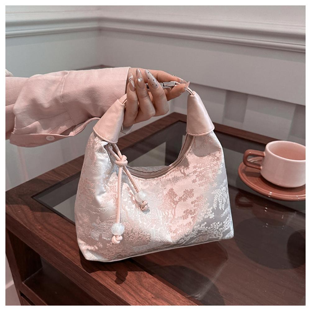 Women Sweet Embroidery Shoulder Bag with Pearl Pendant Casual Sling Bag Adjustable Strap Trendy Satchel Bag Date Party Handbag