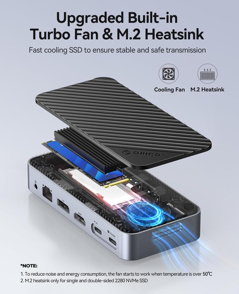 ORICO USB C Hub SSD Case Tools Docking Station with Fan 10Gbps HDMI Gigabit 100W Card Port M2P11 11-in-1 M.2 [No Required] Built-in USB-C & USB-A