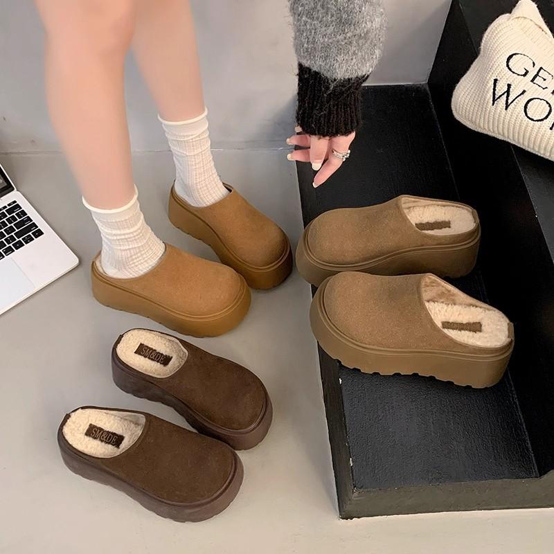 Leather thick-soled women's new small height-increasing bag head half slippers one pedal outside cotton slippers