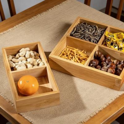 Wooden Bamboo Partition Tray With Cover Nuts Dried Fruit Candy Holder Party Indoor Outdoor Appetizer Food Serving Plate Supply