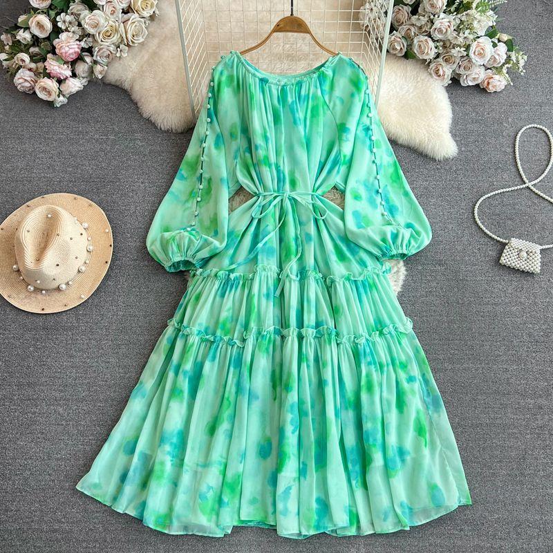 

Платье с длинным рукавом и низким круглым вырезом с принтом в стиле темпераментной светской львицы Green All yards