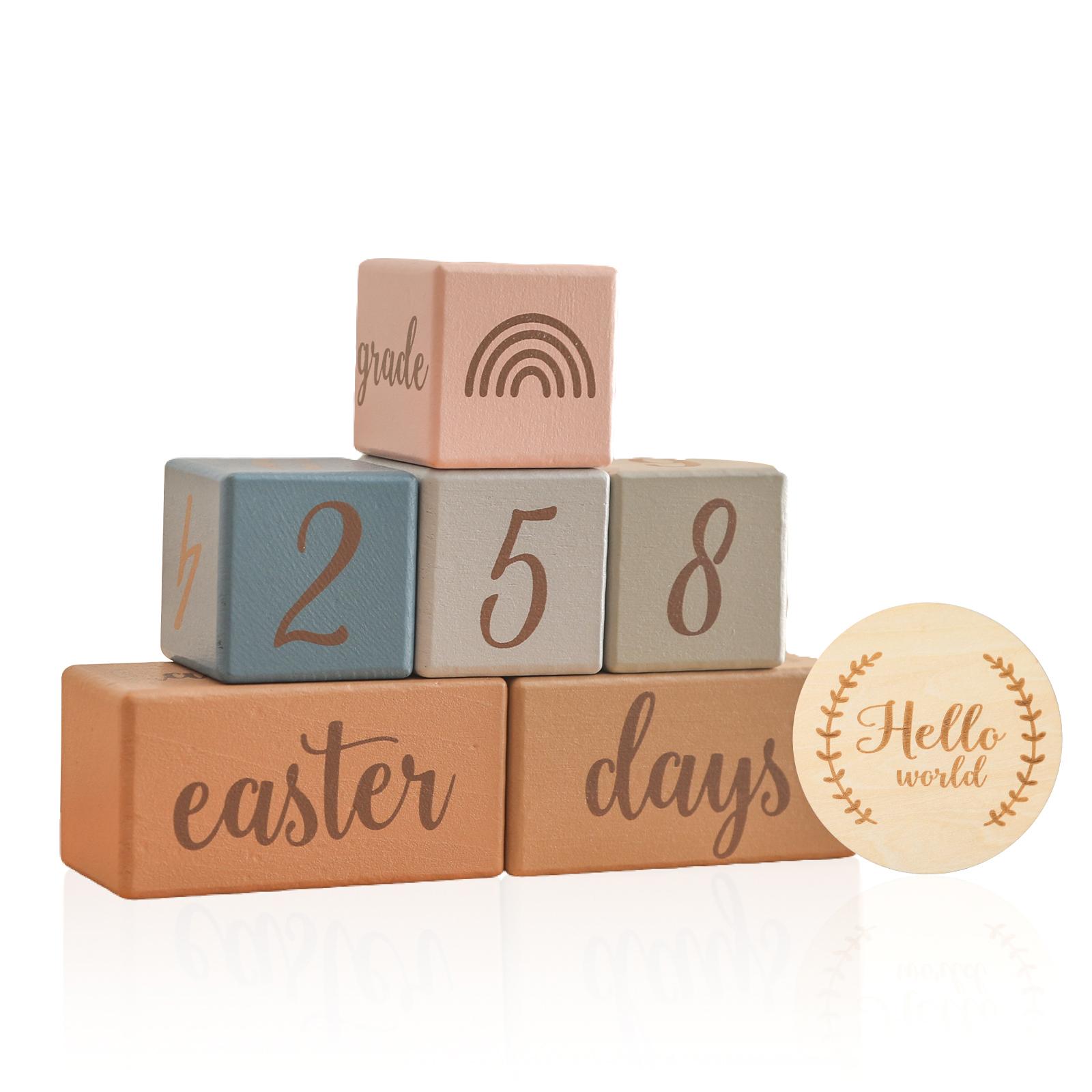 3-delige set Ruw Hout Baby Maand Mijlpaalkaart Beuken Blok Vierkant Gegraveerd Pasgeboren Maand Verjaardag Mijlpalen Blok Fotografie Props