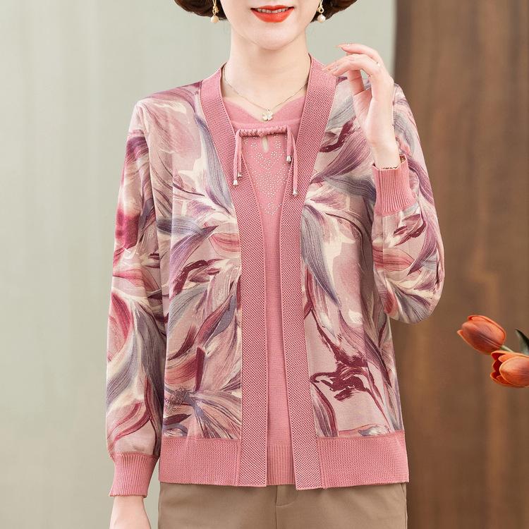 Haine de toamnă pentru vârsta mijlocie și vârstnici, Pulover cu mânecă lungă fals două piese, Bătrân Bunică, Pulover nou de primăvară și toamnă, Top la modă