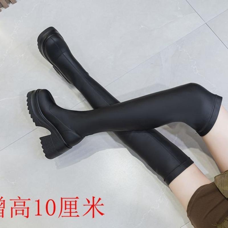 Fashion 10CM Big Size Cow Leather Stretch Over-the-knee Boots Platform Round Toe High Heels Winter Women Warm Thigh High Boots