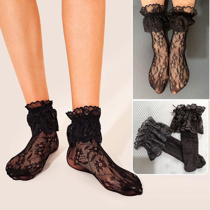 Women Retro Gothic Summer Lace Top Floral Fishnet Ankle Socks Lady Black Nylon Short Lace Stockings 23 Models Shoe Size 5-10