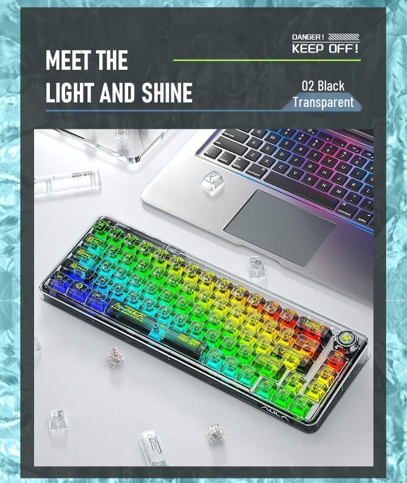 AULA F68 Mechanical Keyboard: Transparent RGB, Bluetooth Wireless, Three-Mode, Custom Hot-Swappable.