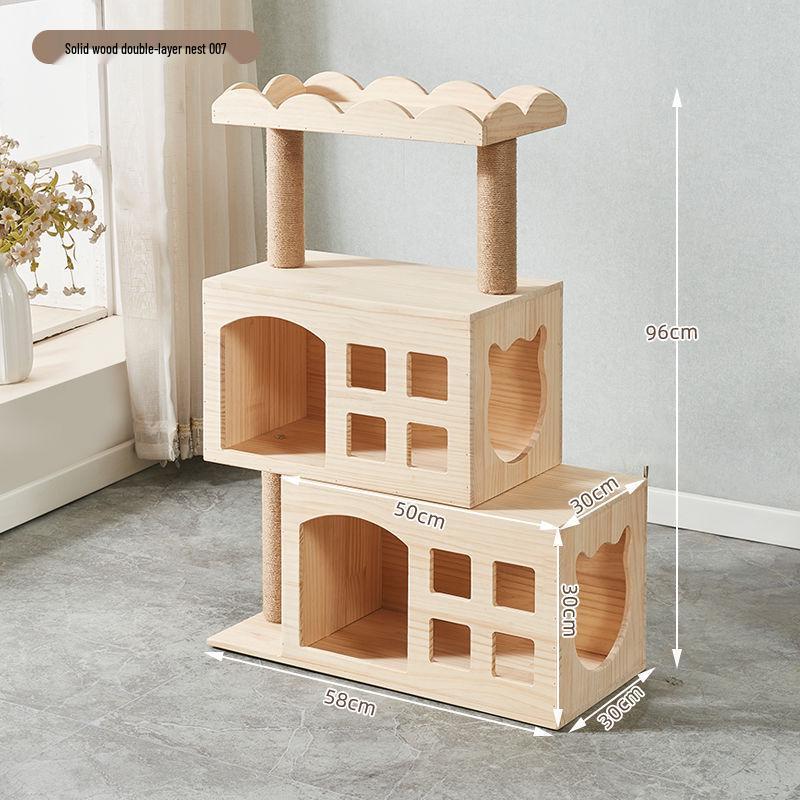 Solid Wood Multi-Layer Cat Climbing Frame with Space Capsule Bed and Shelf