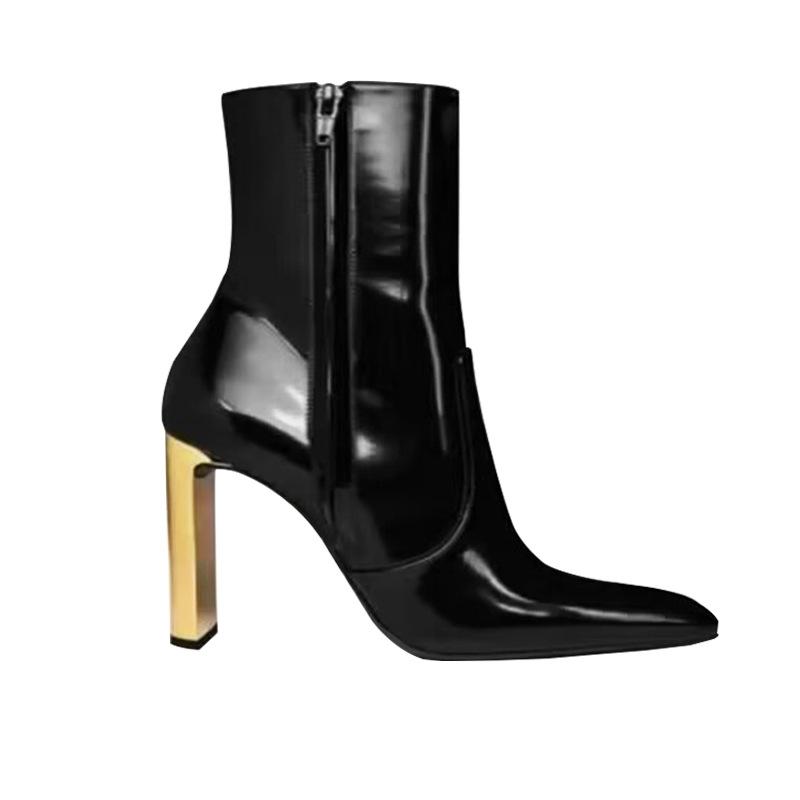 

Гальванизированный металл и лакированная зеркальная кожа с острым носком короткие сапоги простые боковые молнии из коровьей кожи супер высокие и универсальные модные сапоги 40