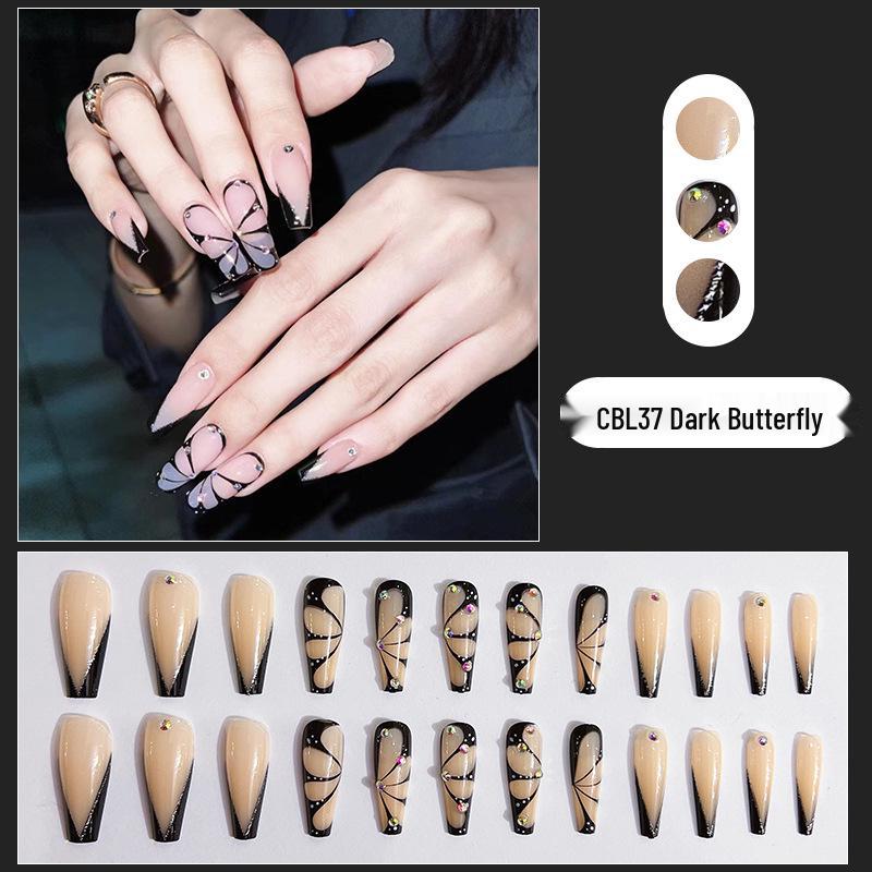 

Элегантно выполненный французский градиентный набор для маникюра с бриллиантами-бабочками - Темные острые накладные ногти для девушки