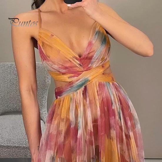 Women Evening Dress Mesh Colorful Printing Low-cut Sleeveless Backless Spaghetti Strap Pleated A-line Floor Length Tight Waist