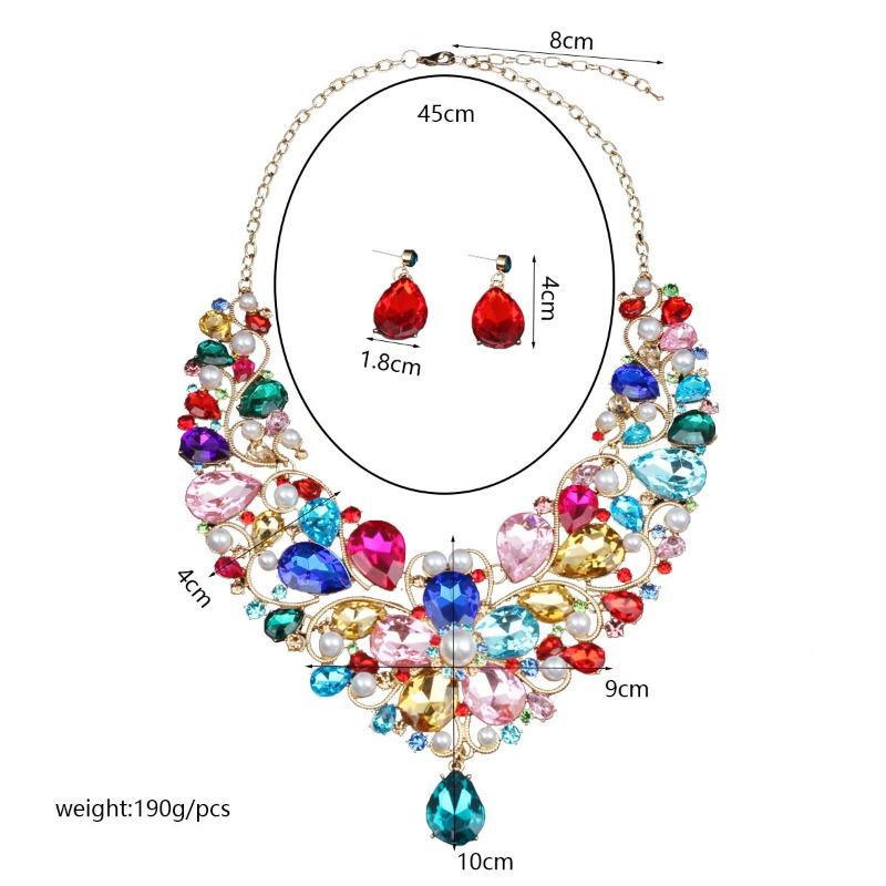 Exaggerated Gemstone Flower Water Drop Necklace Earrings Set Women's Dress Banquet Accessories