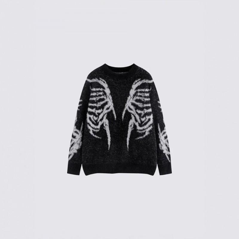 Streetwear Knit Sweater With 3D Jacquard Chest Design Loose Fit Round Neck Womens Fall Winter Top