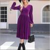 Autumn Winter Fashion V-neck Long Sleeved Dress New Solid Color Outer Wear Women Elegant Commuter Pleated High-waisted A-line Female Office Clothing
